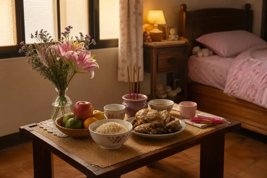 兒童房床邊擺放油飯、水果、鮮花與香爐的七夕祭桌示意圖