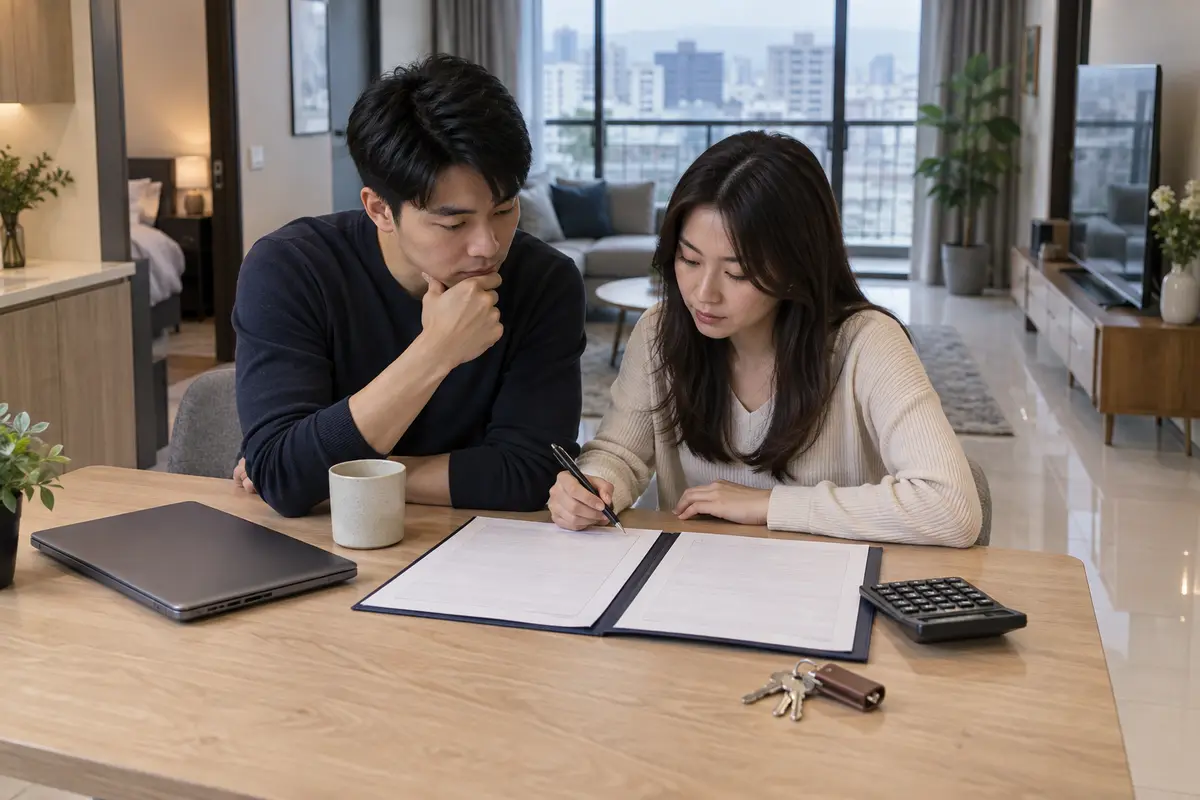 桌面上的房屋權狀文件、計算機與鑰匙（示意圖）