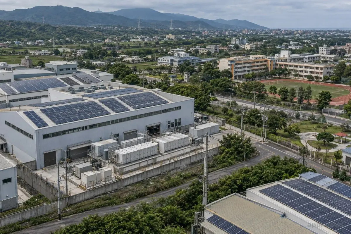 日本工業工場的太陽光板、蓄電池與附近學校及避難公園構成的能源支援場景
