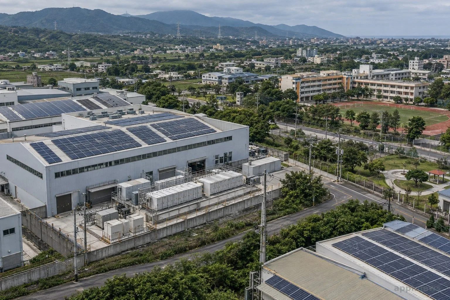 日本工業工場的太陽光板、蓄電池與附近學校及避難公園構成的能源支援場景