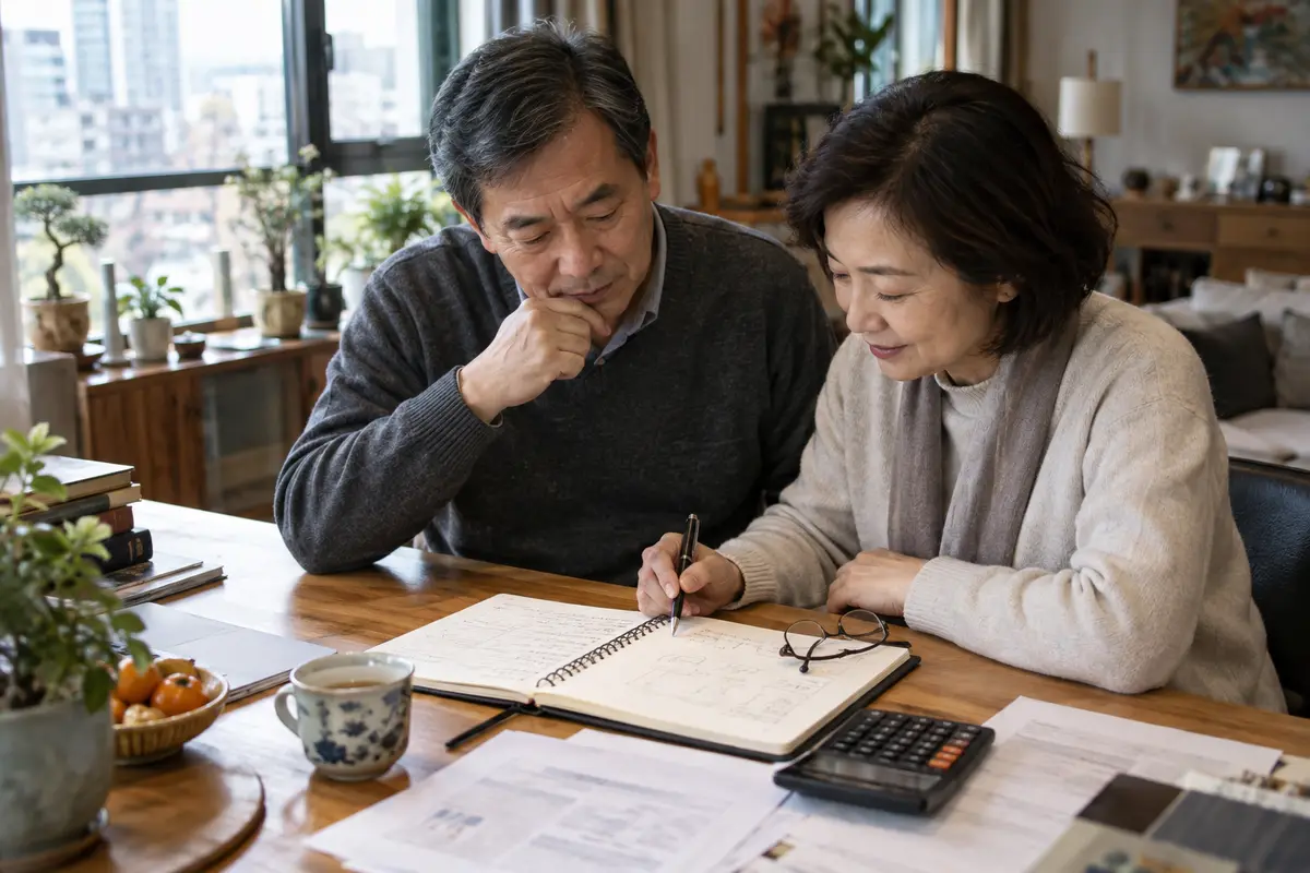 桌面上的退休規劃筆記、老花眼鏡與茶杯（示意圖）