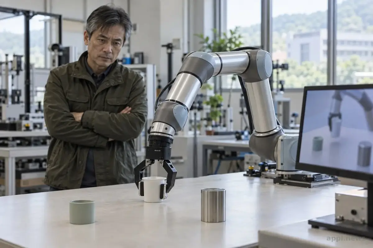 研究人員在一旁觀察機械手臂於桌面練習抓取不同物件。
