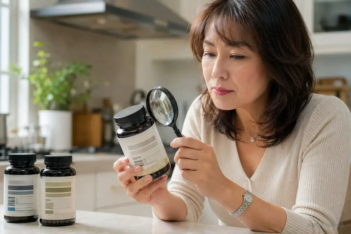 一雙手在廚房檯面上拿著鋸葉棕保健食品瓶，使用放大鏡檢視成分標示