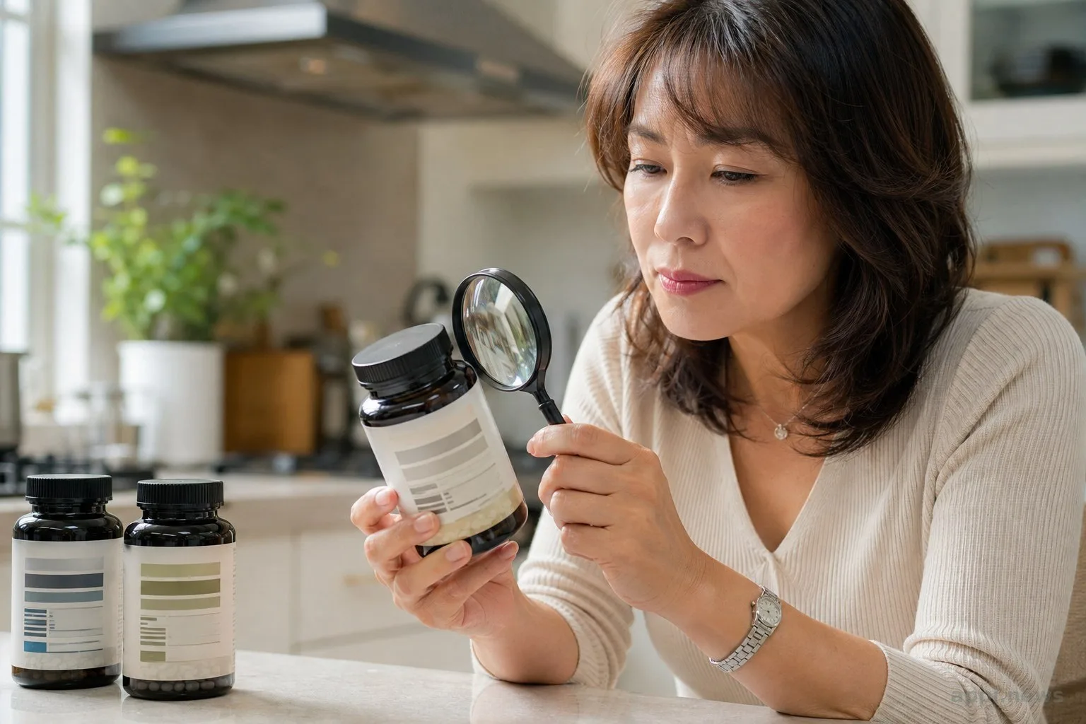 一雙手在廚房檯面上拿著鋸葉棕保健食品瓶，使用放大鏡檢視成分標示