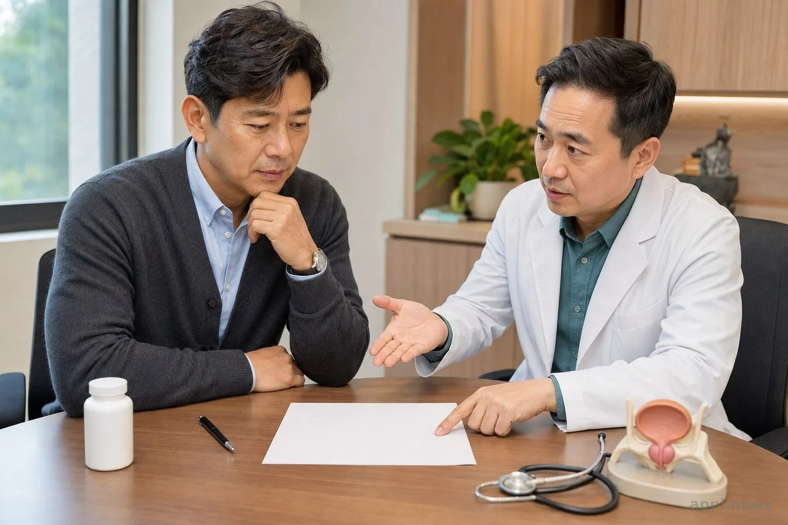 中年男性在泌尿科診間與醫師一起查看醫療報告