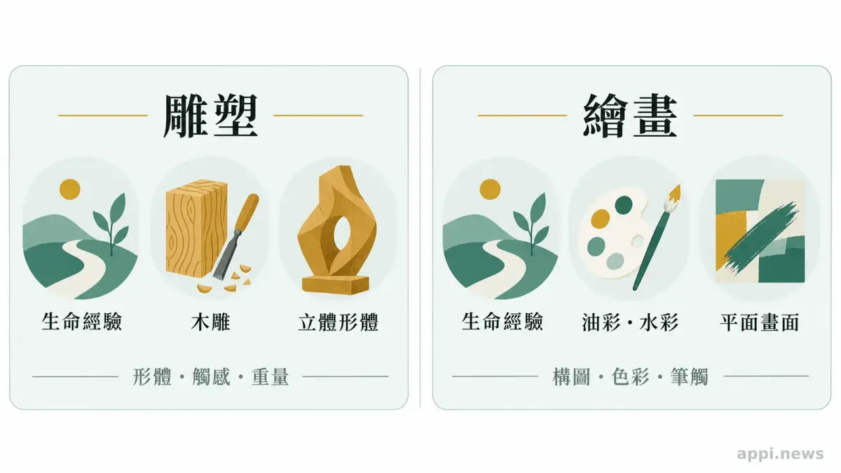 資訊圖以左右兩欄並列雕塑與繪畫，呈現生命經驗轉化為立體形體與平面畫面的不同路徑