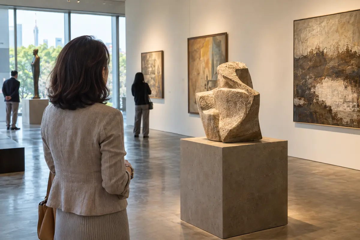 美術館展間的雕塑基座與掛畫牆面（示意圖）