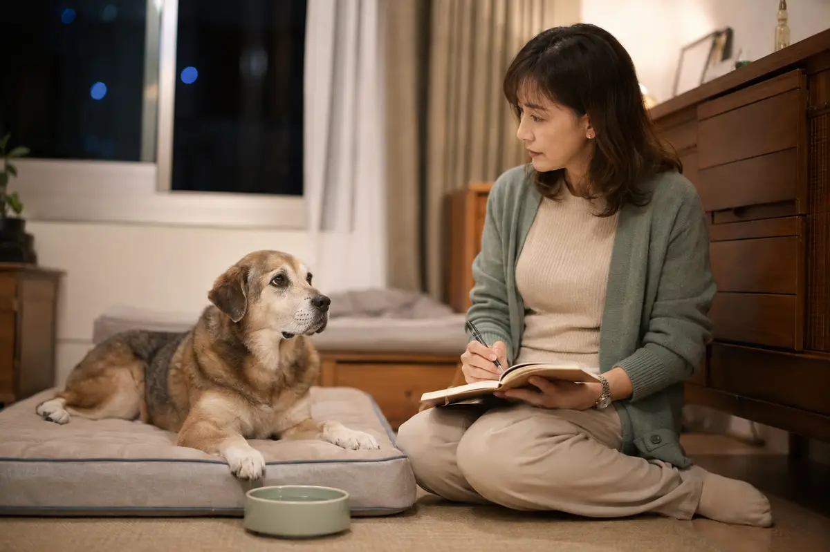 飼主在夜間開著柔和燈光陪伴高齡犬，旁邊有固定位置的水碗與紀錄本
