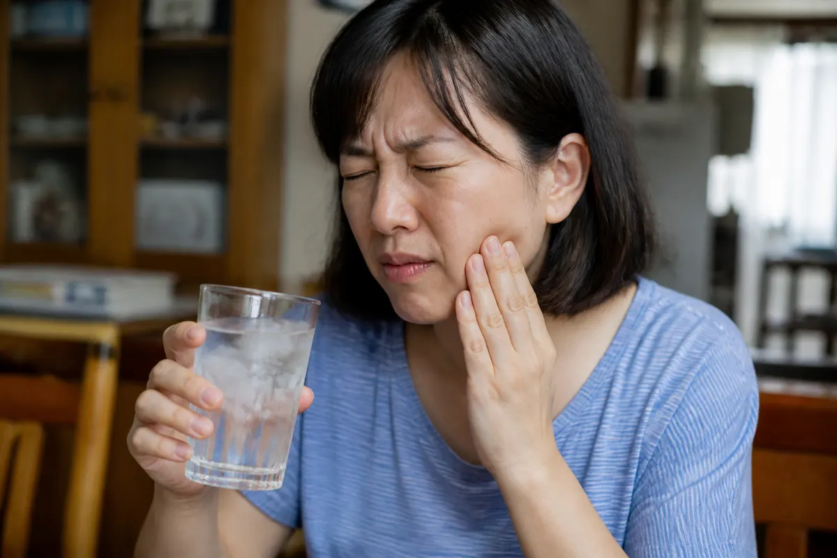 一個人喝冰飲時因牙齒敏感而皺眉、伸手摀住臉頰