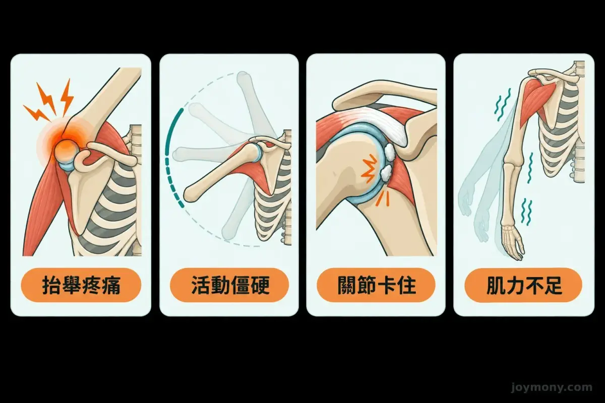 原文比較肩膀疼痛、僵硬、卡住與無力表現的示意圖