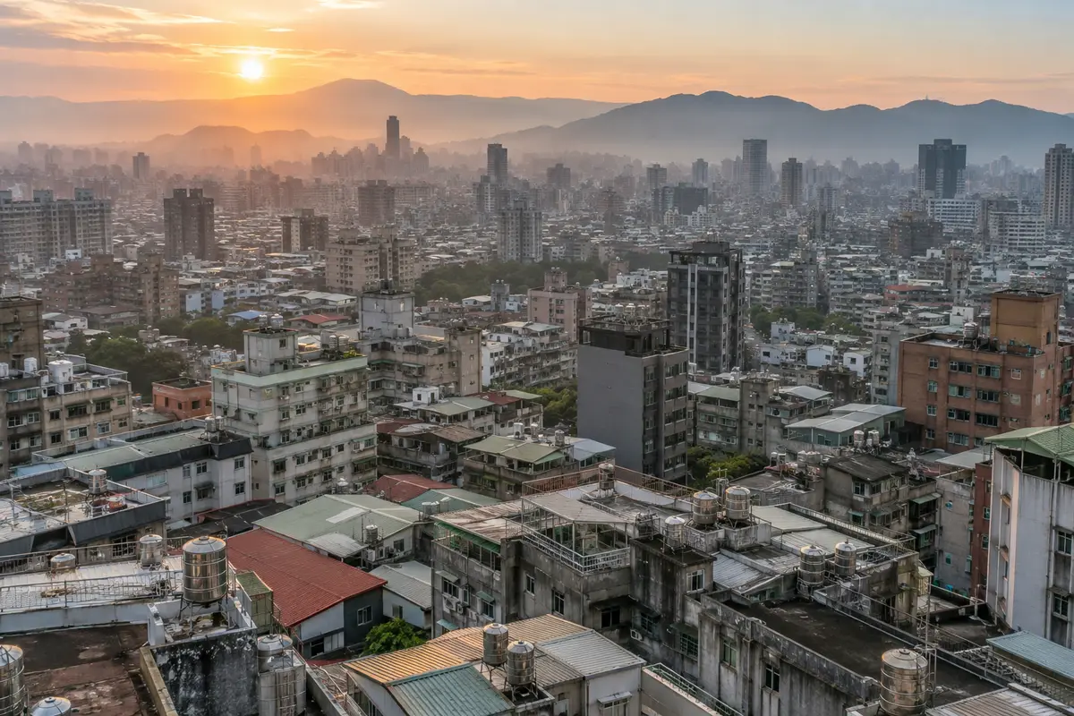 大台北住宅區屋頂與水塔的俯瞰全景（示意圖）