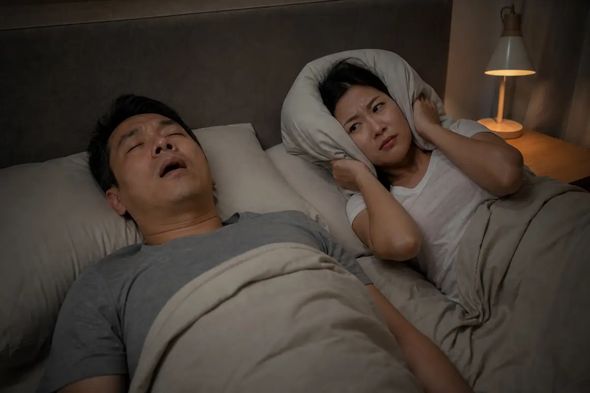 A sleeping person snores while their bed partner lies awake beside them (illustrative image)