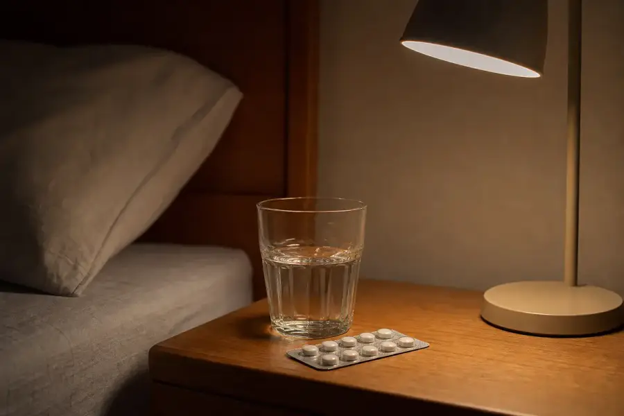 床頭櫃上的安眠藥與水杯，深夜情境示意