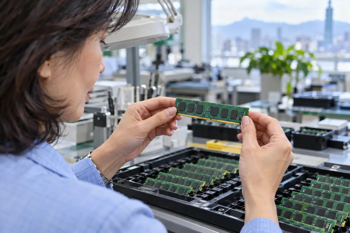 電子零件盤中的記憶體模組與晶片特寫（示意圖）