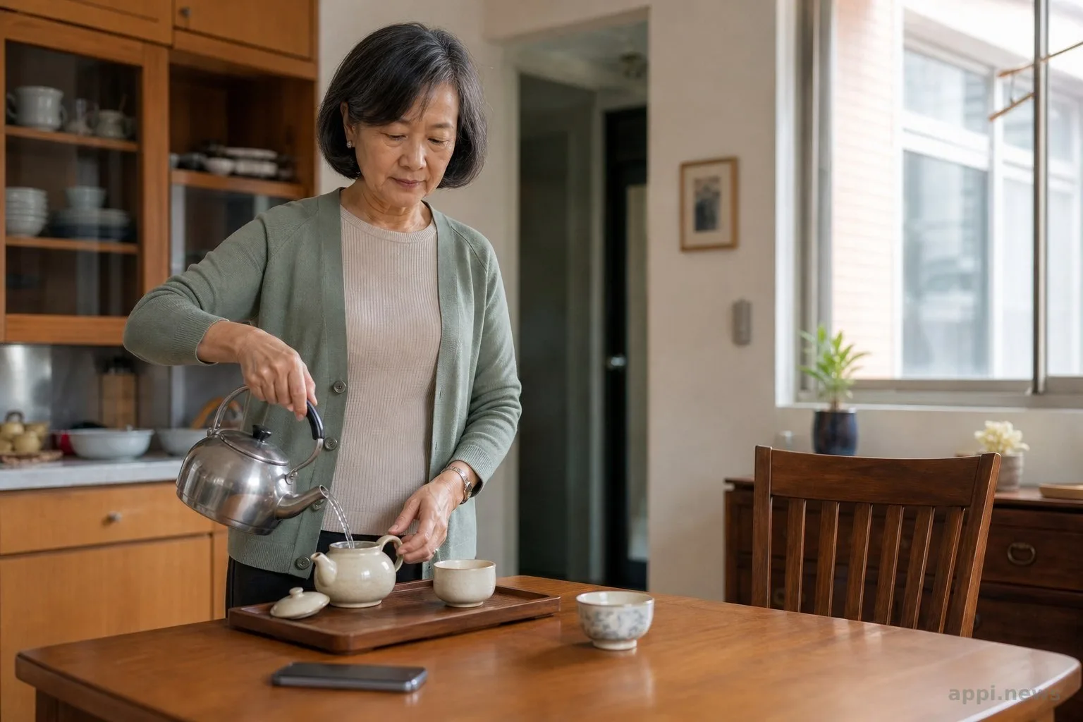 An older Asian adult prepares tea alone at home beside an empty chair and an unused phone (illustrative image)