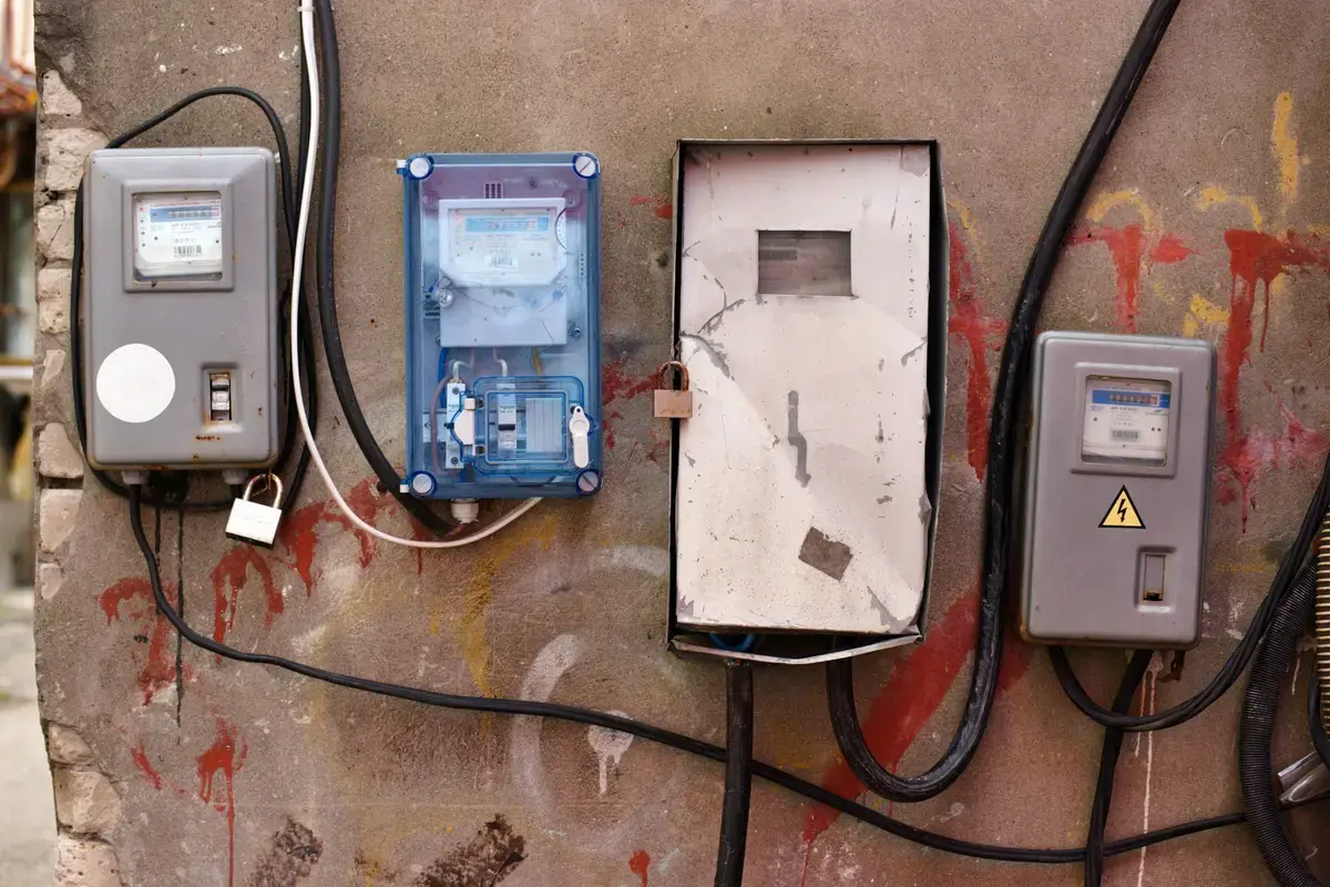 住宅外牆上的多組電表與電線，呈現住戶查核社會住宅電費的情境