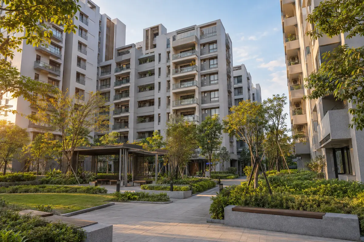 台灣社會住宅大樓外觀與中庭綠地（示意圖）
