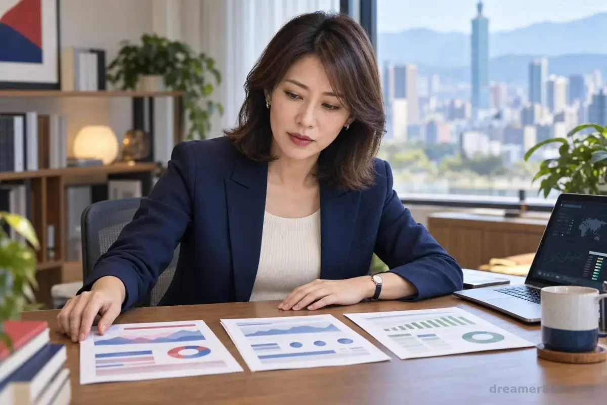 一位臺灣投資人在辦公桌前檢視南韓與臺灣市場資料，旁邊放著債券與匯率分析文件