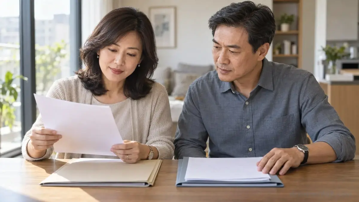 一對中年夫妻在家中餐桌前整理兩疊財務文件。