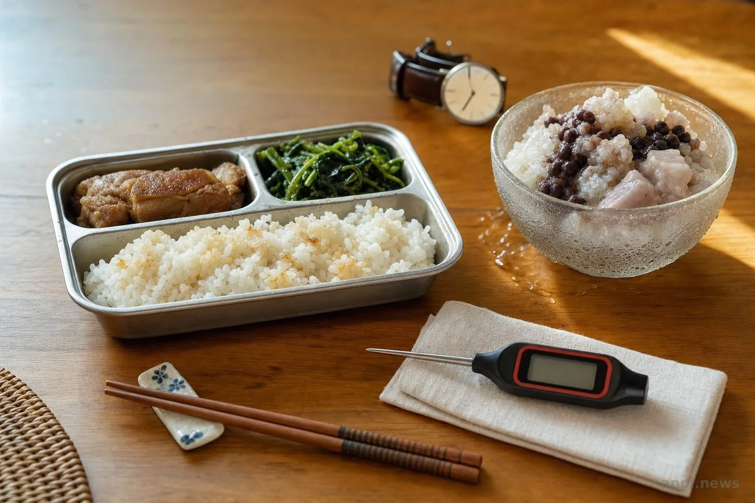 夏日餐桌上放置常溫過久的便當與冰品，搭配食物溫度計，暗示溫度與時間是食物中毒的關鍵變因