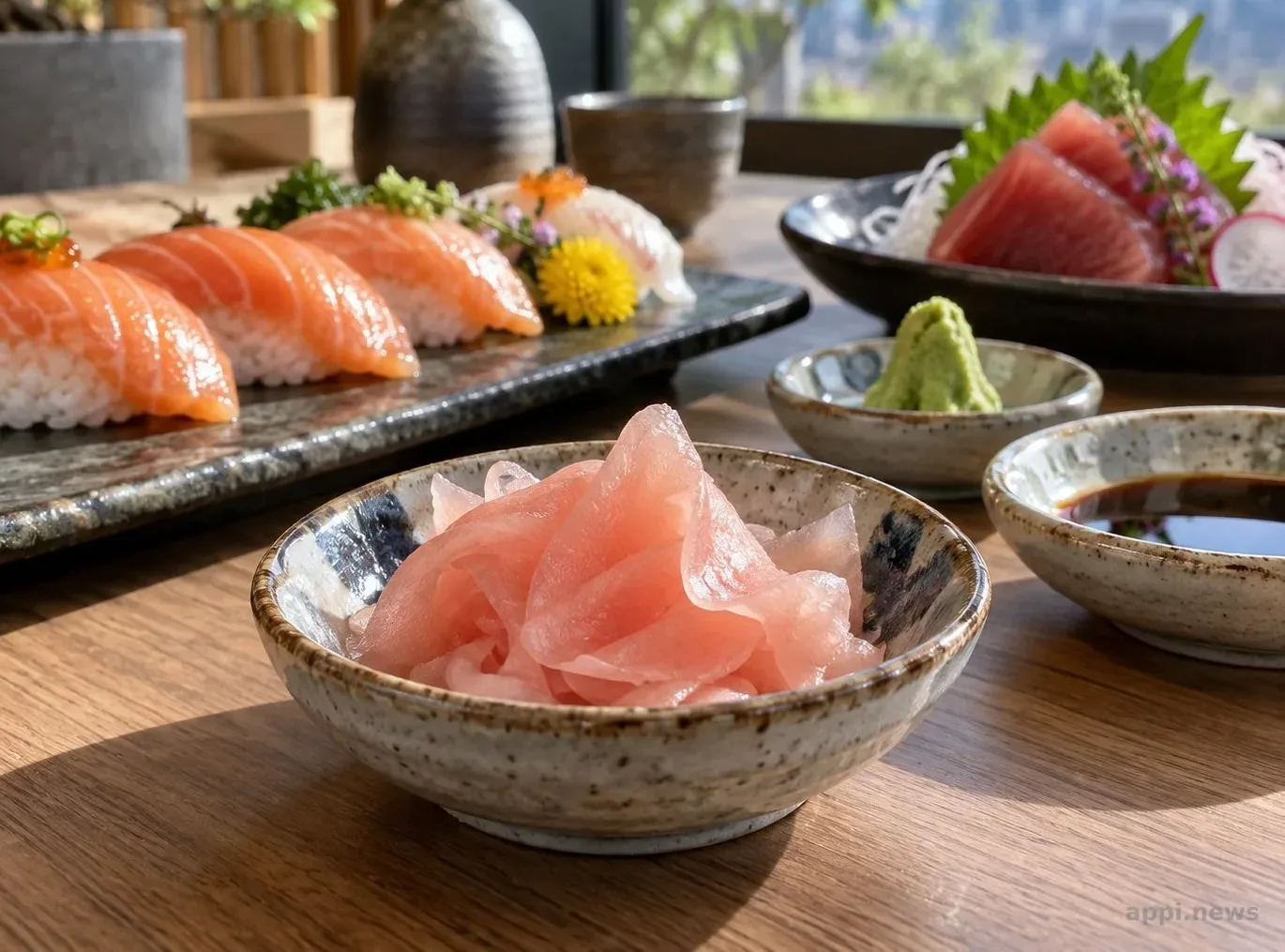 夏日壽司與生魚片放在餐桌上，前景有一小碟薄片甘酢嫩薑、芥末與醬油