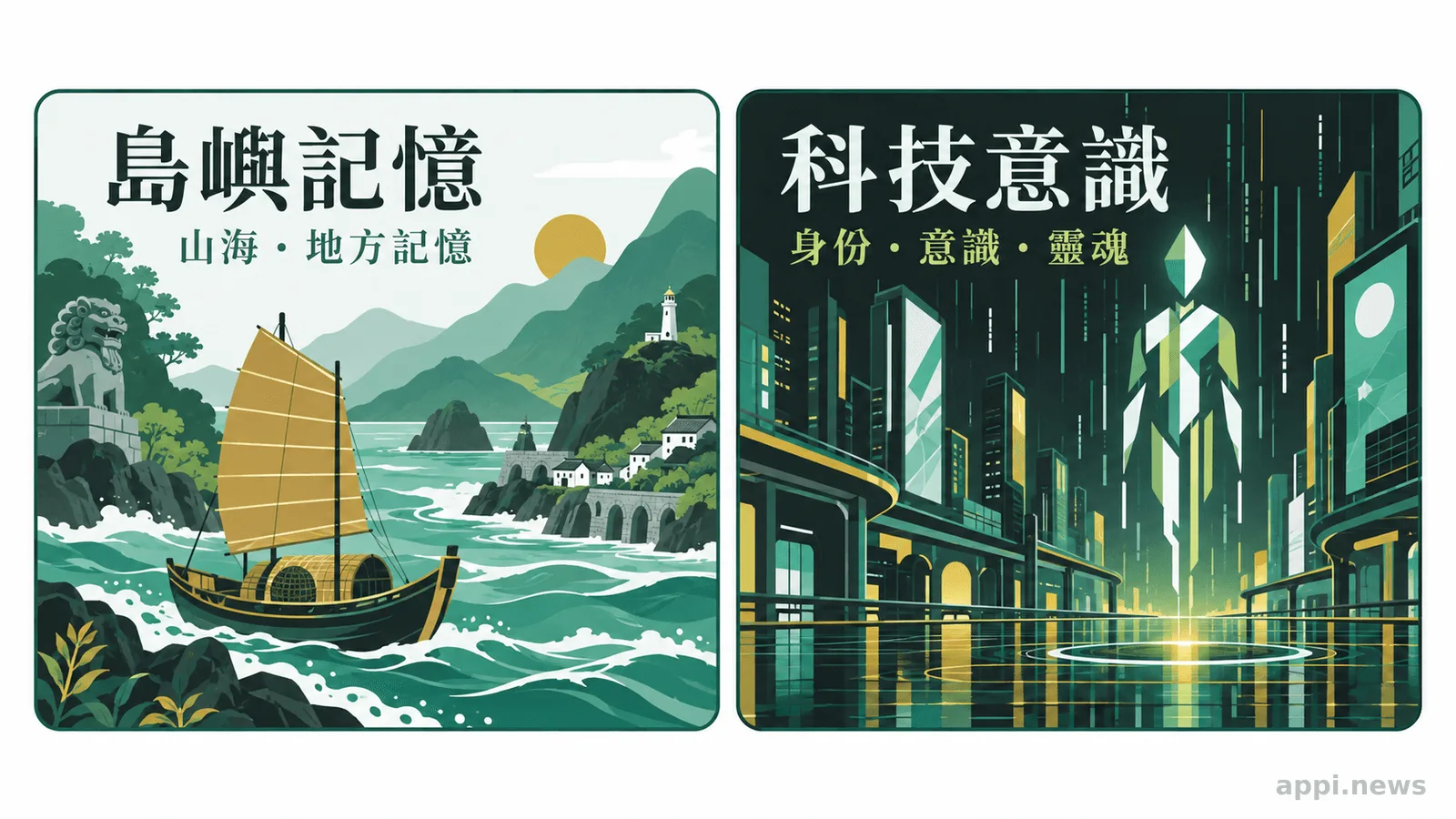 左側舢舨穿行臺灣山海景色，右側為霓虹賽博龐克城市與人形角色