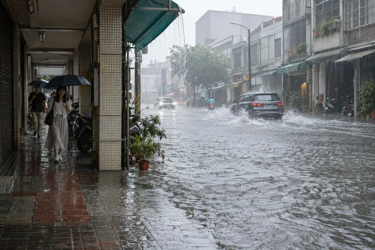 台南市區暴雨積水的街道與騎樓（示意圖）