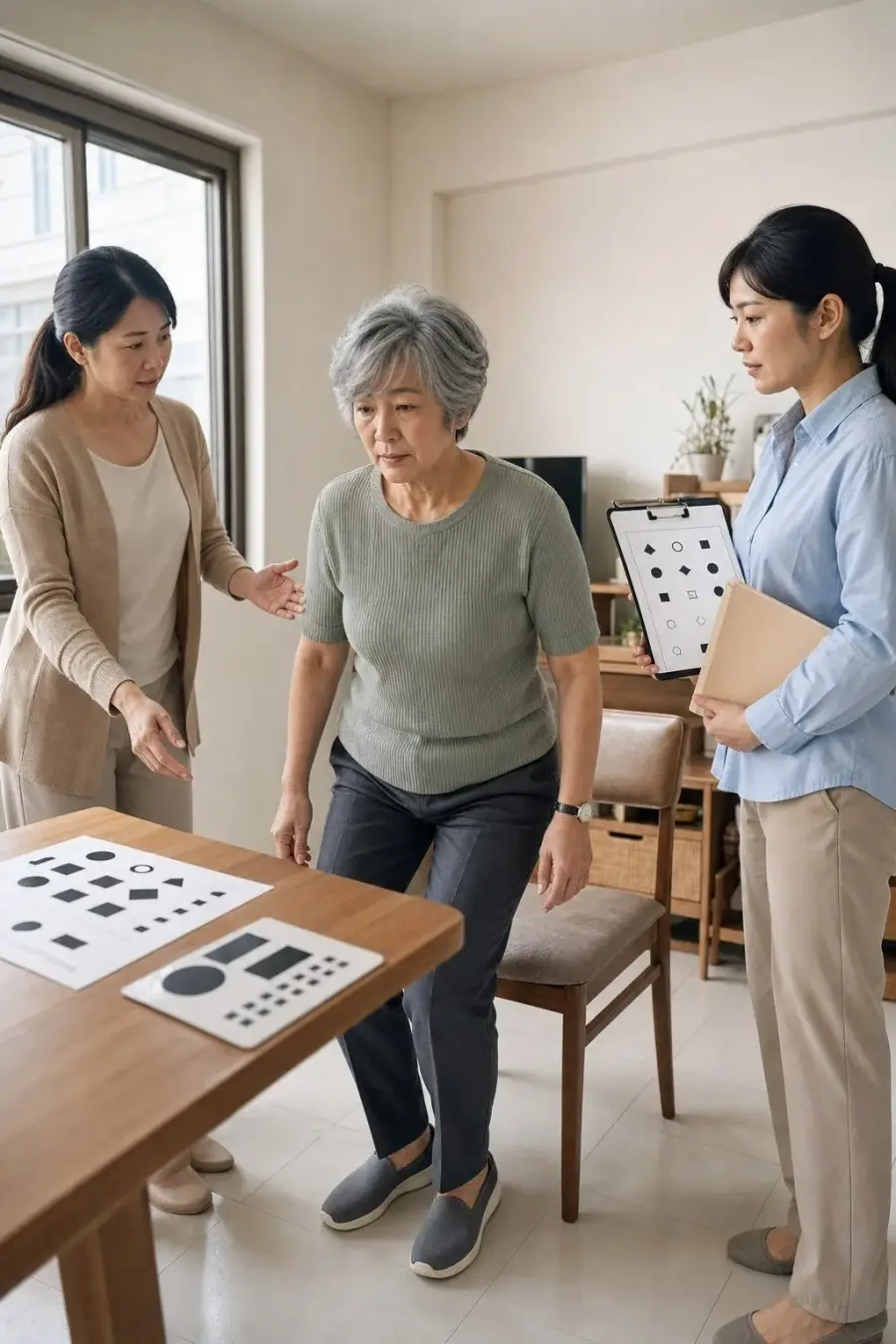 台南住家內，一名長者在家人陪同及社區健康人員觀察下進行起身行動評估，桌上放有視力檢查用品。