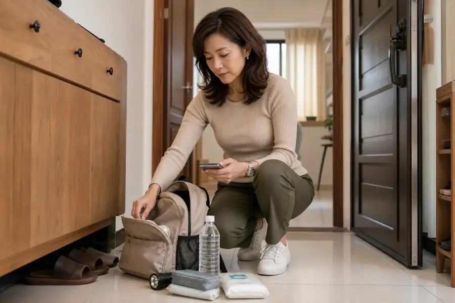 台灣女性在住家玄關整理緊急避難包，旁邊有手電筒、手機與飲水