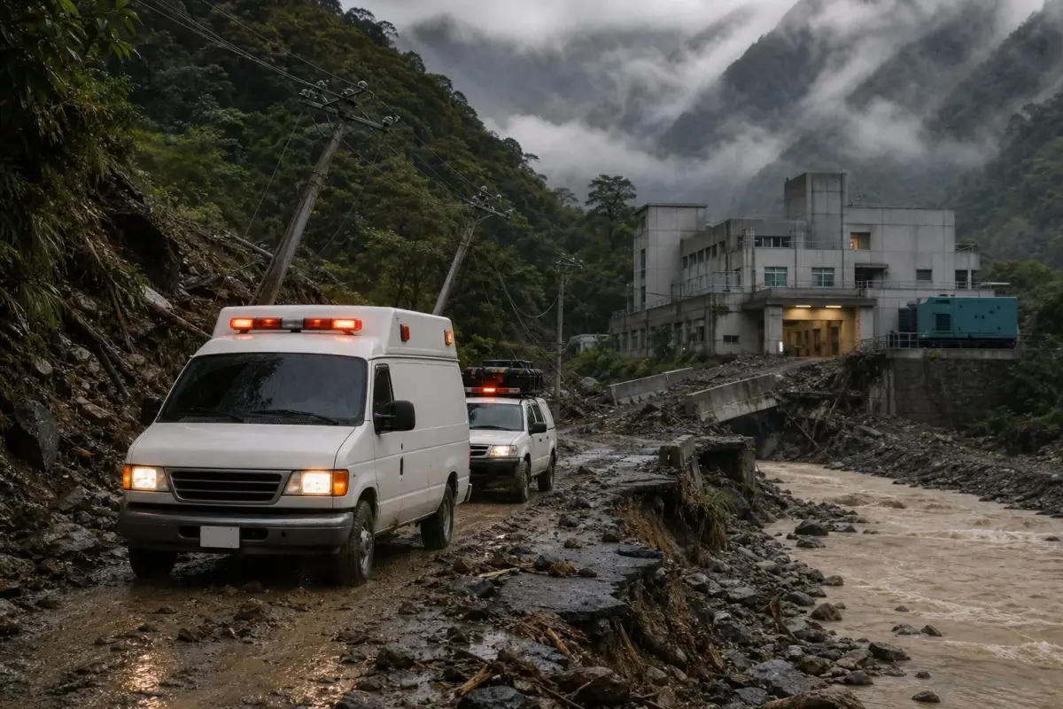 喜馬拉雅山區洪災沖毀道路，救護車沿泥濘路段駛向遠處醫院。