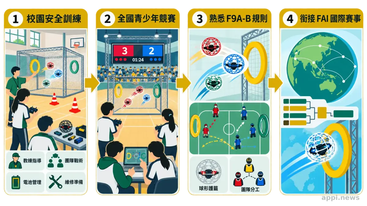 四名台灣青少年選手與教練在香港無人機足球賽場手持獎盃，前方放著球形防護籠無人機。
