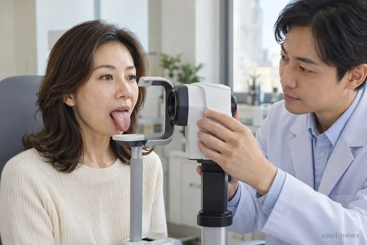 一位研究人員以固定影像設備拍攝患者的舌象
