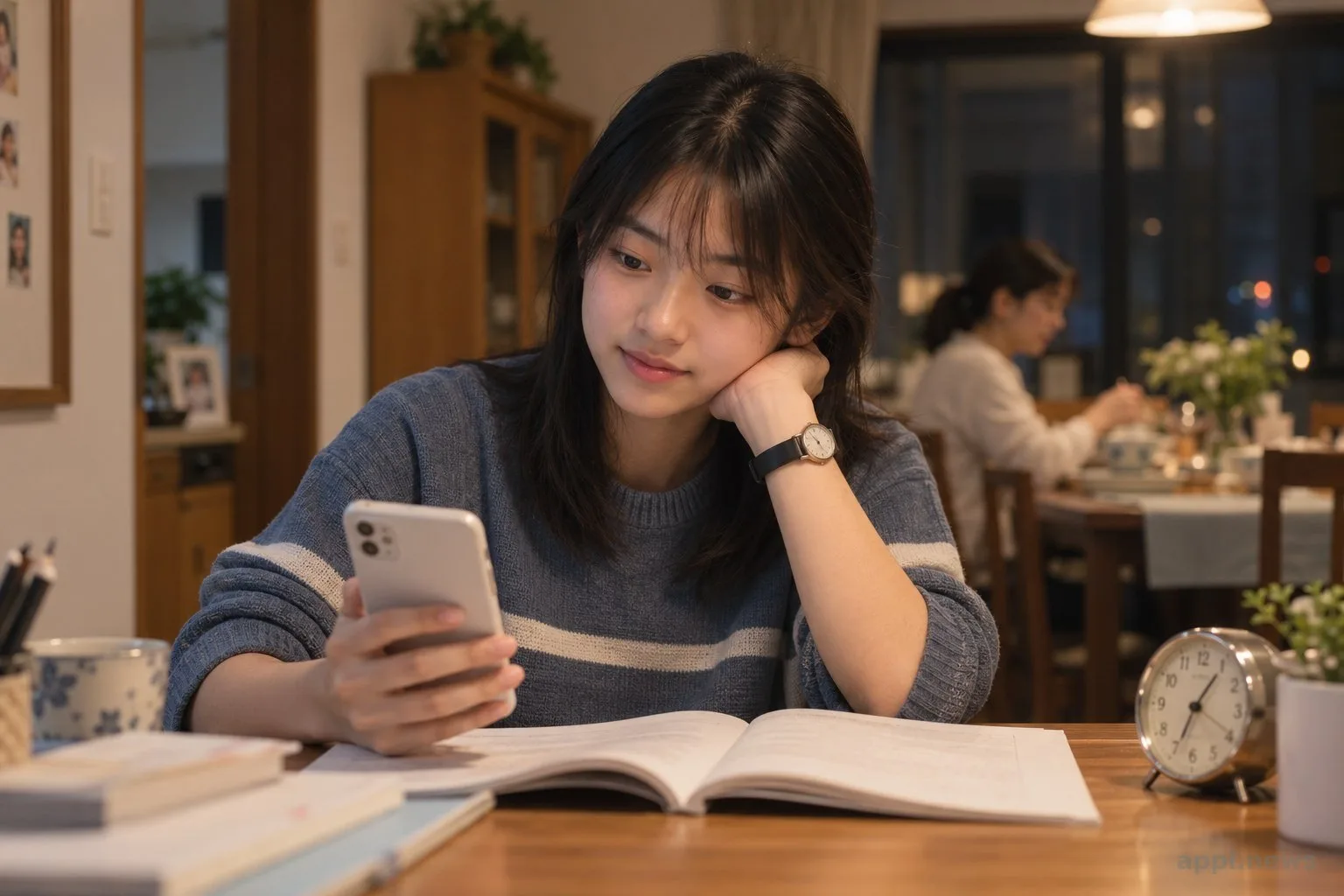 一名青少年坐在書桌前看手機，桌上有課本，旁邊可見時鐘。