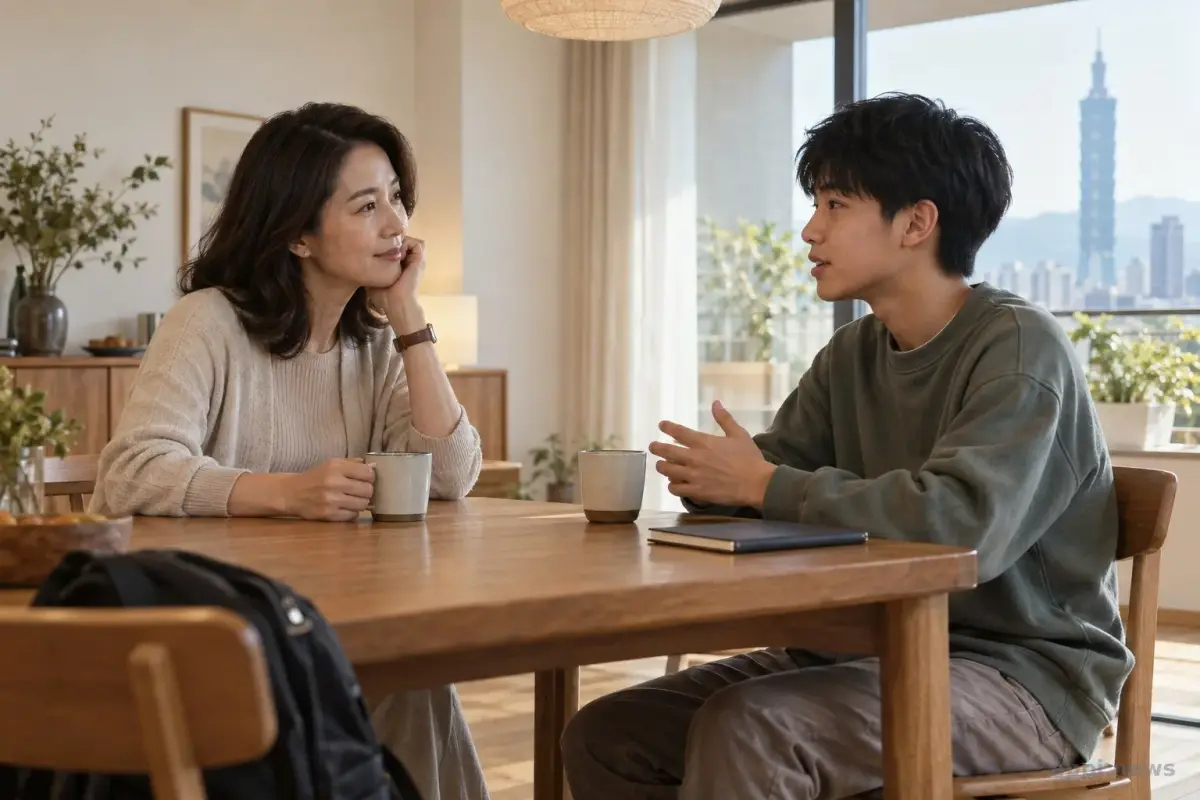 台灣家長與青少年在家中餐桌兩側平靜交談，背景可見書包與日常居家物件。