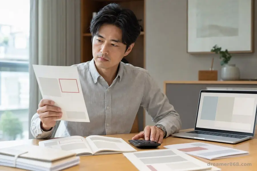 一名台灣投資人在書桌前比較海外銀行高利存款方案、金融債說明書與財務報表。