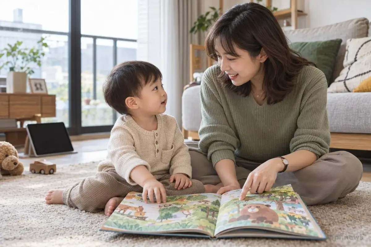 台灣家中家長與幼兒面對面共讀圖畫書，家長指向書頁，後方放著關閉螢幕的平板