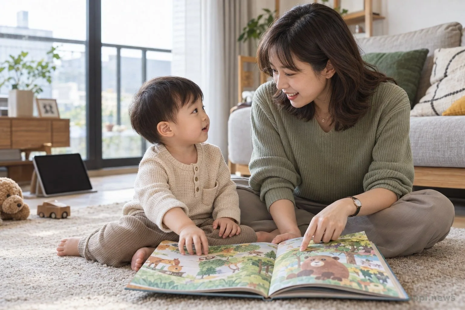 台灣家中家長與幼兒面對面共讀圖畫書，家長指向書頁，後方放著關閉螢幕的平板