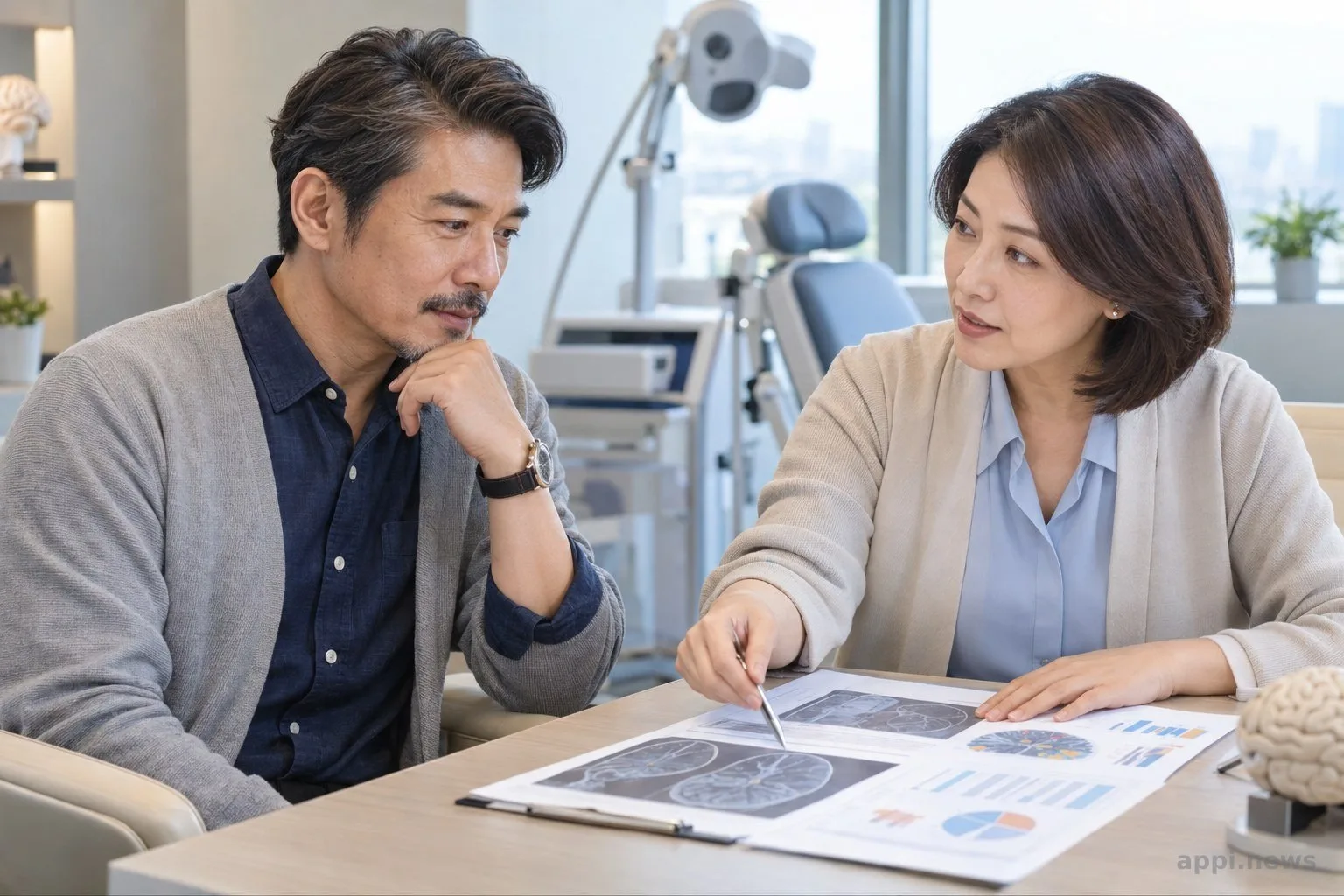 中年台灣企業主在記憶門診與神經科醫師討論認知評估，後方可見經顱磁刺激設備