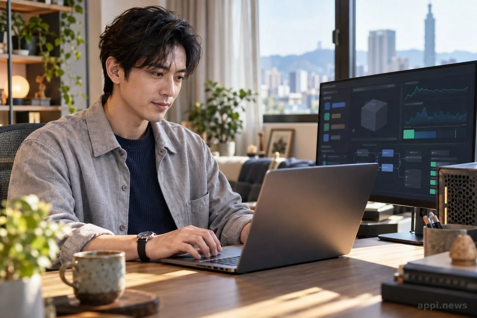 台灣軟體開發者在桌前操作筆電，螢幕顯示模型儲存庫、Python 程式碼與本地服務狀態