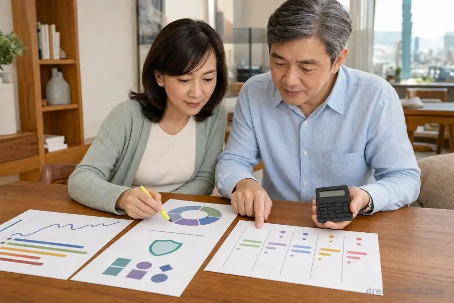 一對準退休的臺灣夫妻在住家餐桌上比較美債、美元保單、債券ETF報表與新臺幣現金流計畫。