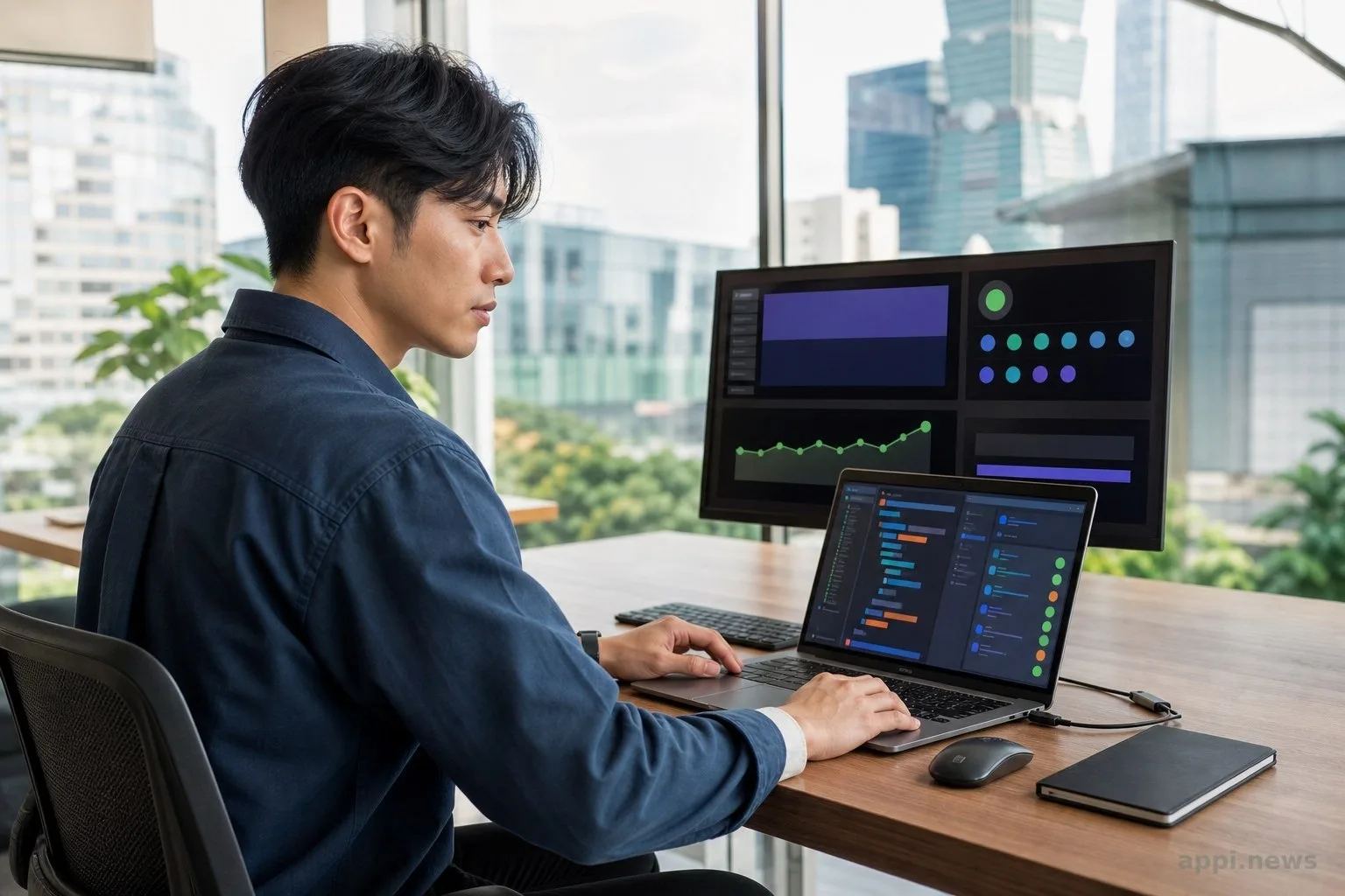 A developer works at a laptop displaying code, a Git repository, deployment status and website monitoring in a shared office (illustrative image)