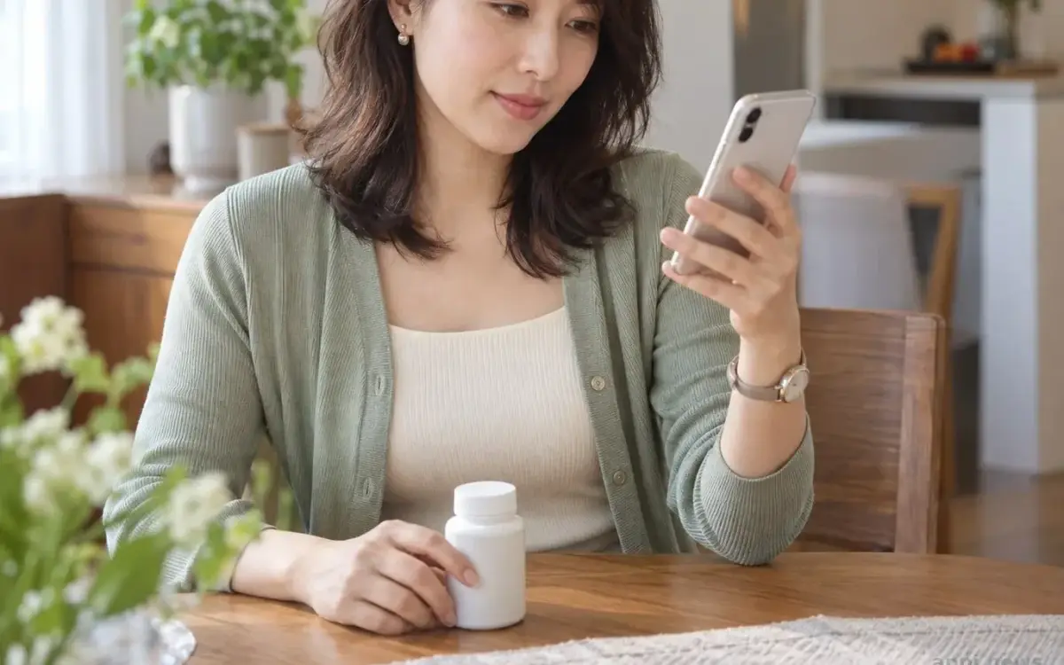 一位亞洲女性坐在家中桌旁查看手機上的減肥保健食品商品頁，未開封商品放在一旁。