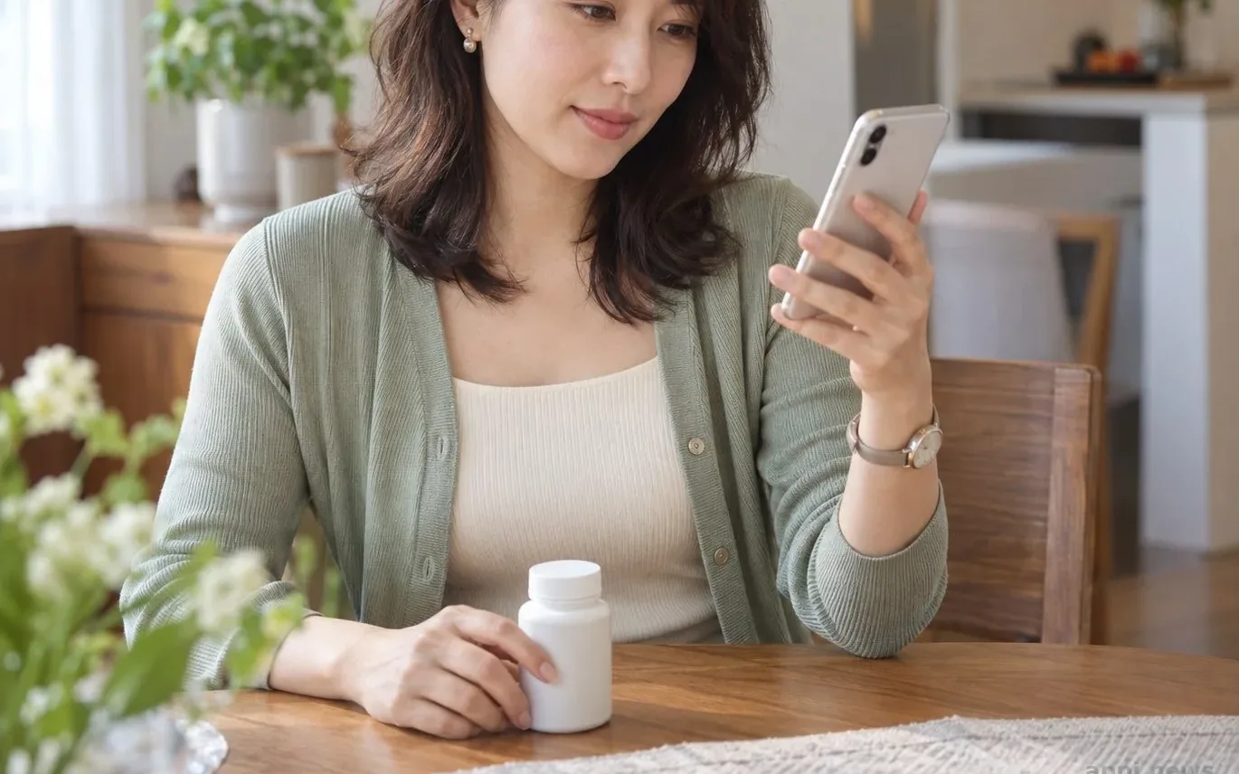 一位亞洲女性坐在家中桌旁查看手機上的減肥保健食品商品頁，未開封商品放在一旁。