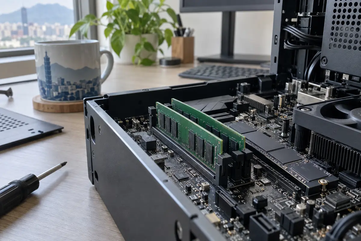 桌上型電腦主機板上的記憶體模組與固態硬碟特寫