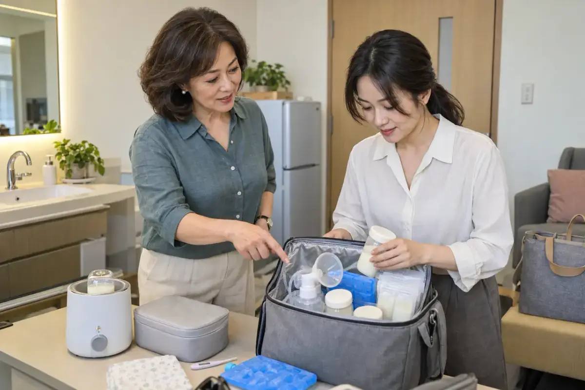兩名女性在居家環境整理保冷袋裡的母乳瓶、擠乳器與冰磚（示意圖）