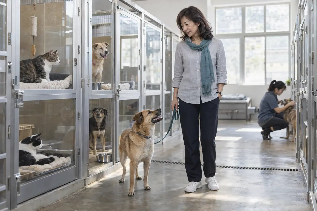 飼主在動物收容所牽著待認養犬隻，犬貓在欄舍內等待新家庭