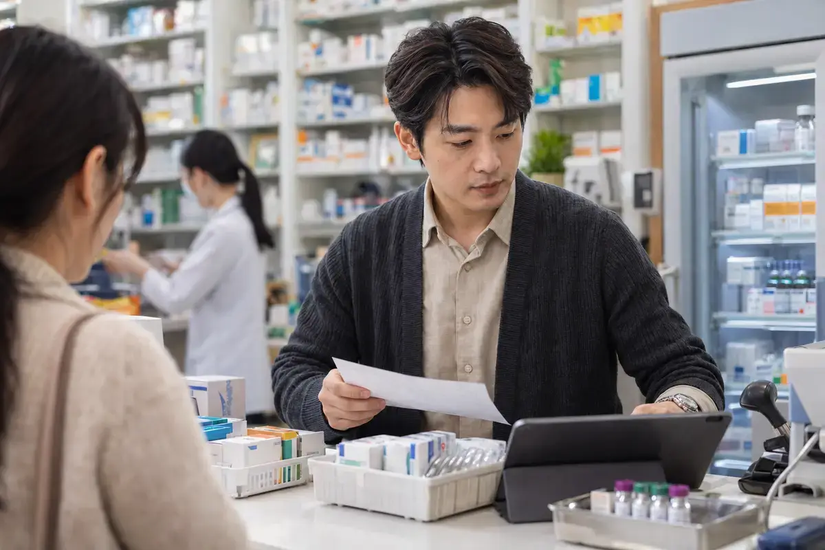 藥師在調劑櫃檯核對處方、藥品與供應資訊的場景