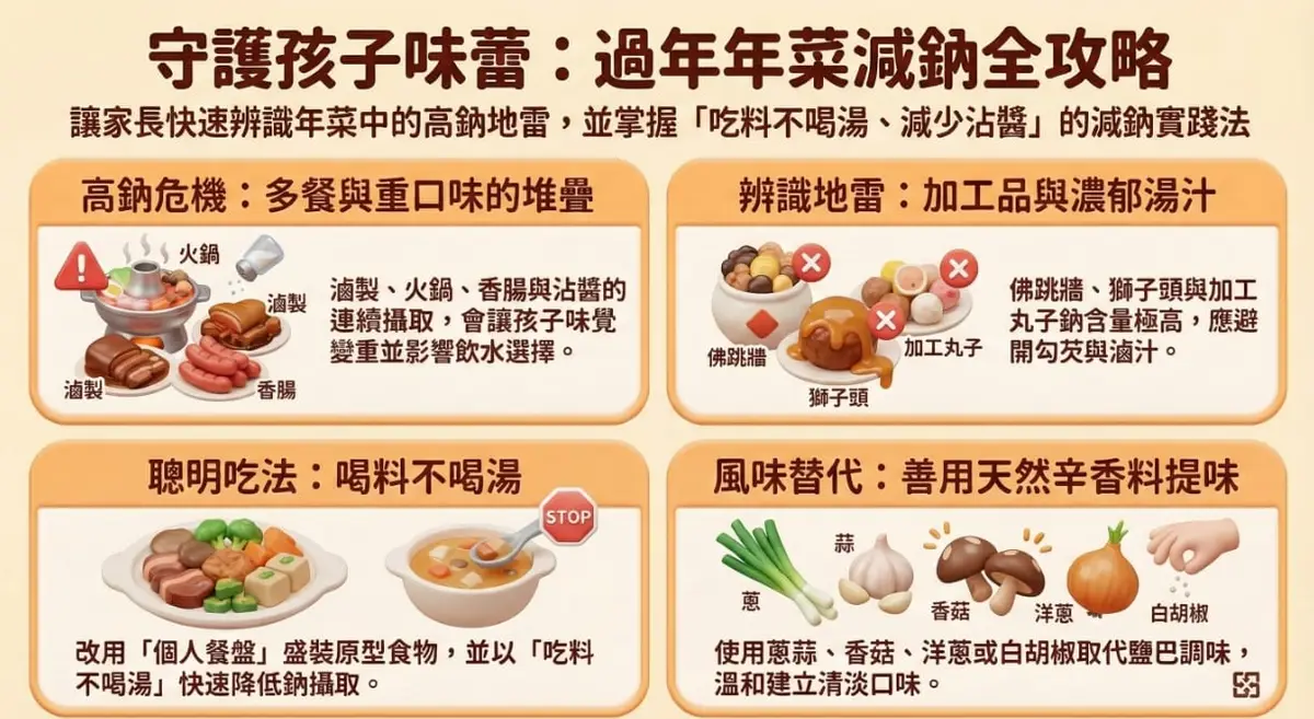 年夜飯餐桌上擺滿湯品與醬料，孩子在旁享用高鈉節慶料理