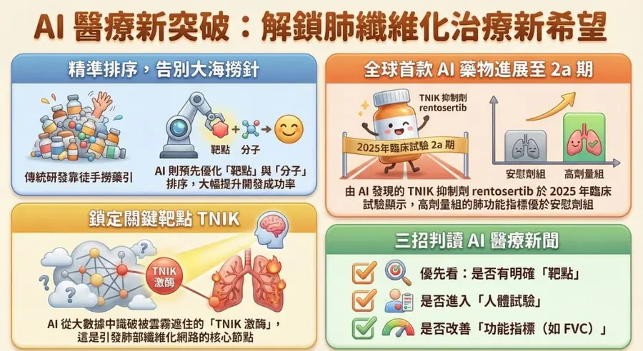 AI 分子模型與藥物研發示意圖，呈現生成式 AI 找出肺纖維化新藥的突破