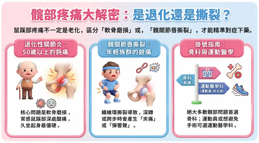 髖關節疼痛看哪一科?先分清楚是退化還是關節撕裂